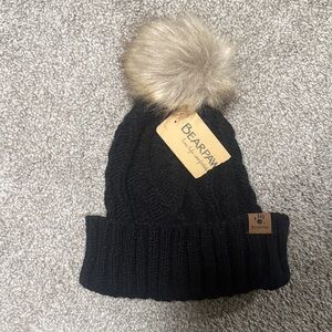 BearPaw Black Knit Beanie with Tan Pom-Pom